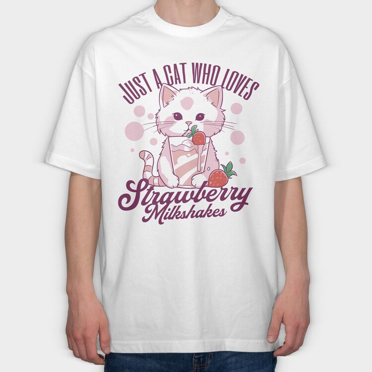 Cat Strawberry Milkshake, Tricou Oversize Barbati (Unisex)