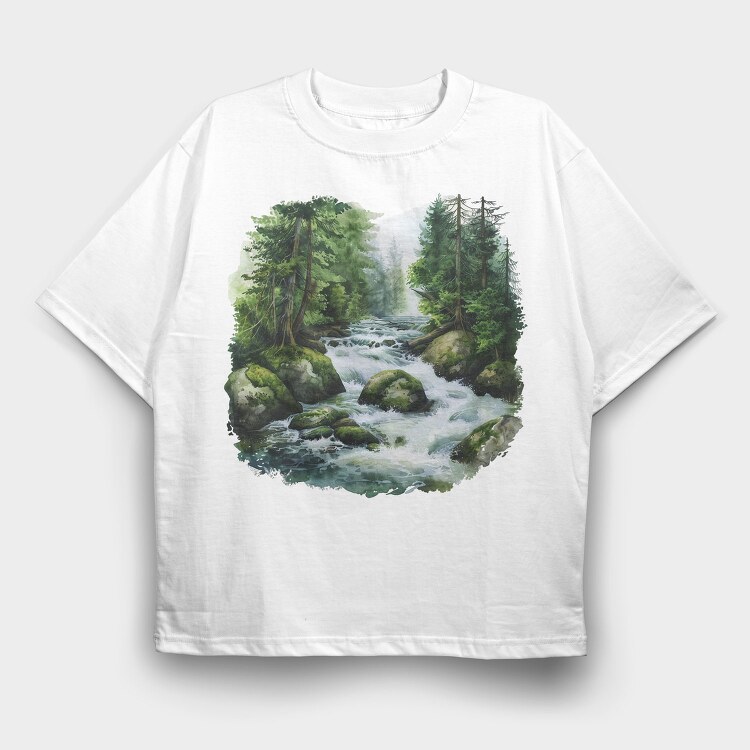 Watercolor Forest River, Tricou Oversize Barbati (Unisex)