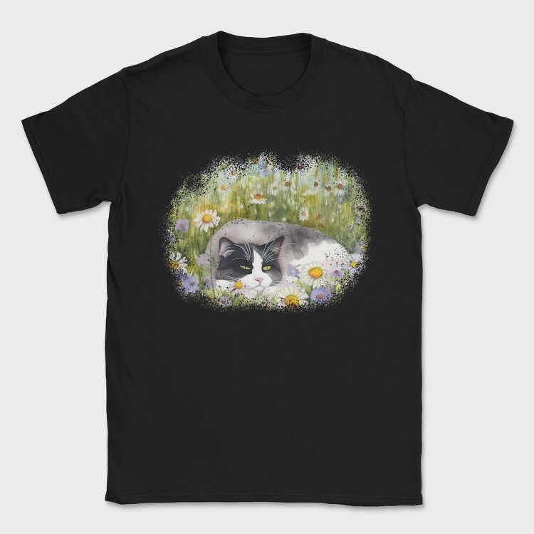 Cat Sleeping in Flower Field, Tricou Barbati (Unisex)