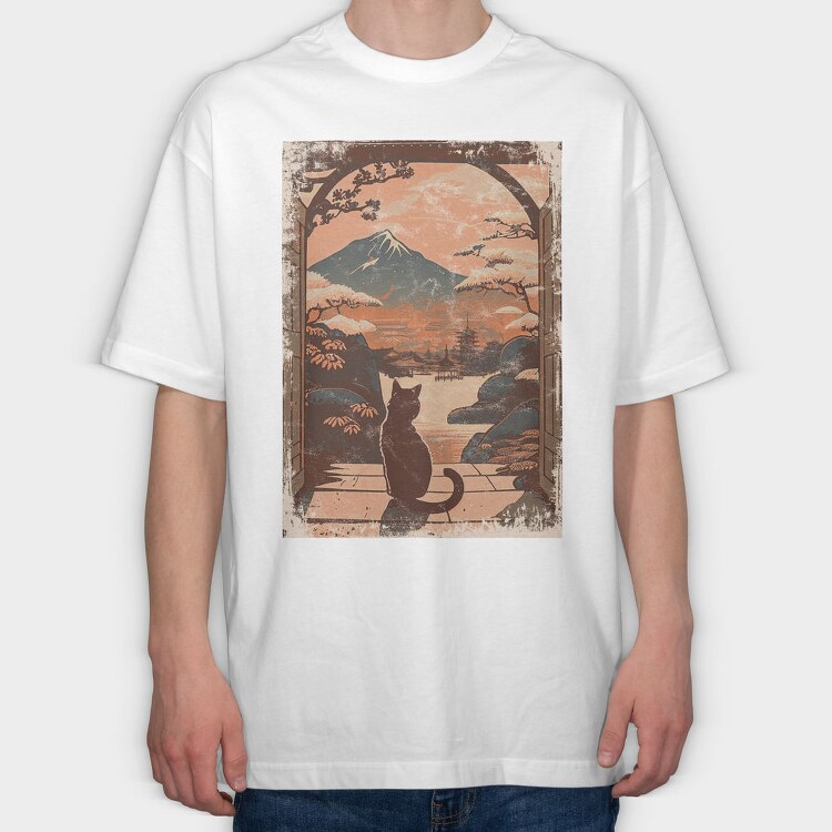 Cat Sitting Traditional Japanese, Tricou Oversize Barbati (Unisex)
