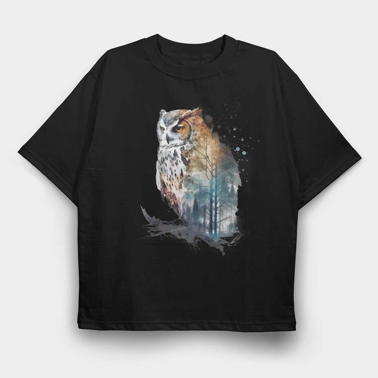 Watercolor Owl Forest, Tricou Oversize Barbati (Unisex)