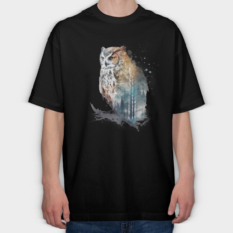 Watercolor Owl Forest, Tricou Oversize Barbati (Unisex)