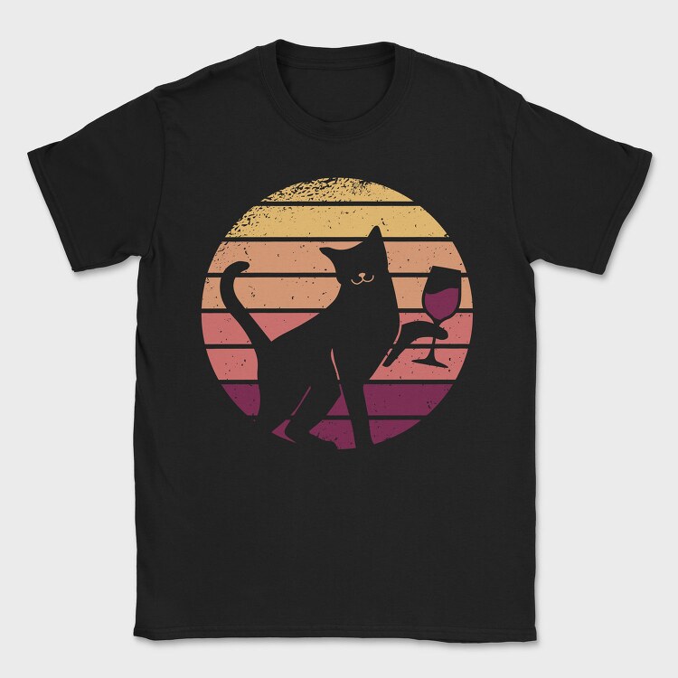 Cat With a Glass of Wine Retro Sunset, Tricou Barbati (Unisex)
