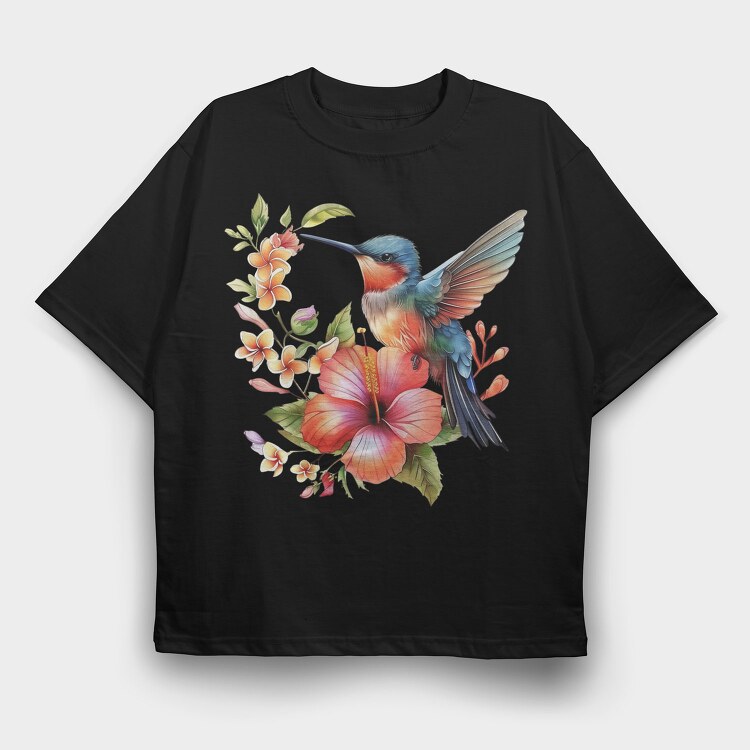 Watercolor Hummingbird Floral, Tricou Oversize Barbati (Unisex)
