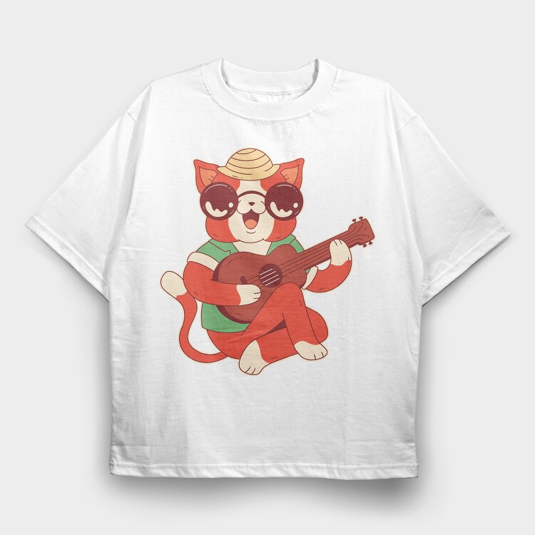 Cat Ukelele, Tricou Oversize Barbati (Unisex)