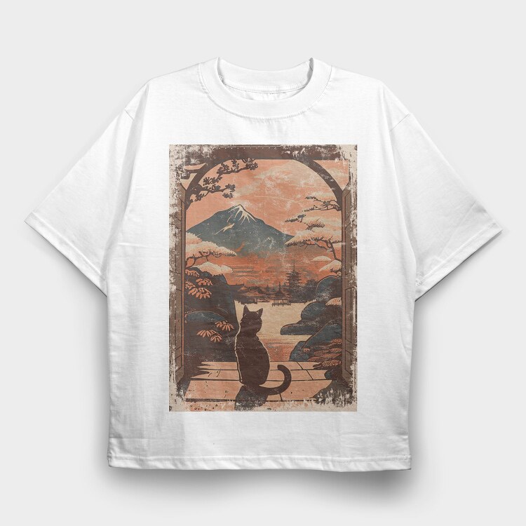 Cat Sitting Traditional Japanese, Tricou Oversize Barbati (Unisex)