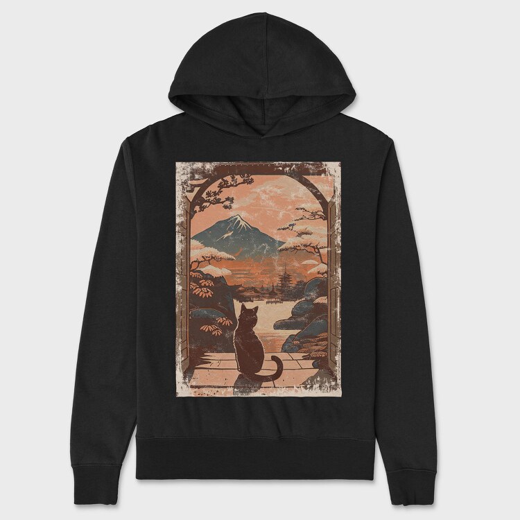 Cat Sitting Traditional Japanese, Hanorac Oversize Barbati (Unisex)