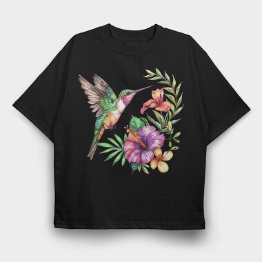 Watercolor Hummingbird Flowers, Tricou Oversize Barbati (Unisex)