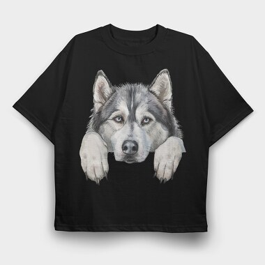 Watercolor Husky Peek, Tricou Oversize Barbati (Unisex)
