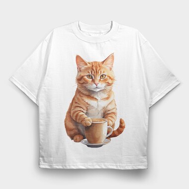 Watercolor Cat And Coffee, Tricou Oversize Barbati (Unisex)