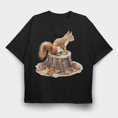 Watercolor Squirrel Stump, Tricou Oversize Barbati (Unisex)