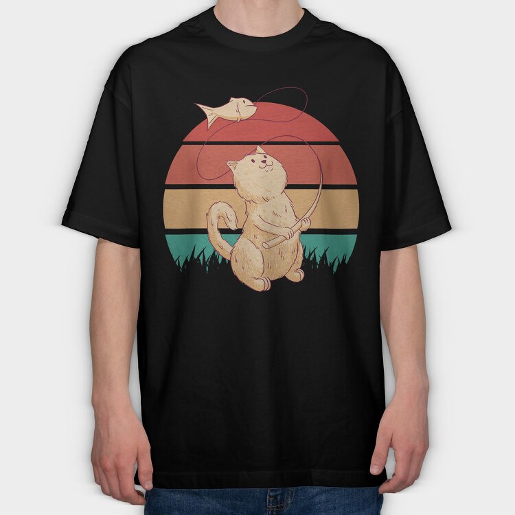 Cat Fishing Retro Sunset, Tricou Oversize Barbati (Unisex)
