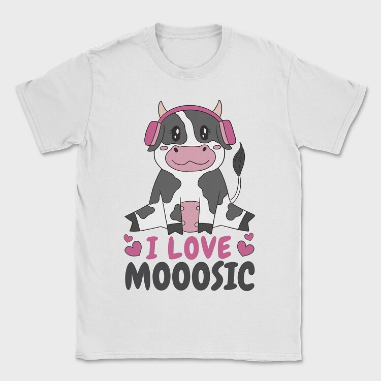 Cow With Headphones I Love Moosic, Tricou Barbati (Unisex)