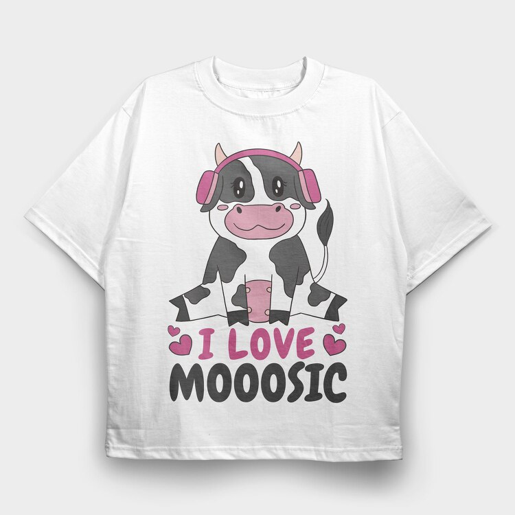 Cow With Headphones I Love Moosic, Tricou Oversize Barbati (Unisex)