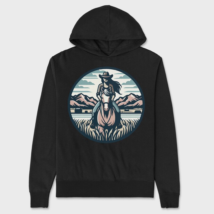 Cowgirl Riding Horse Scenic, Hanorac Oversize Barbati (Unisex)