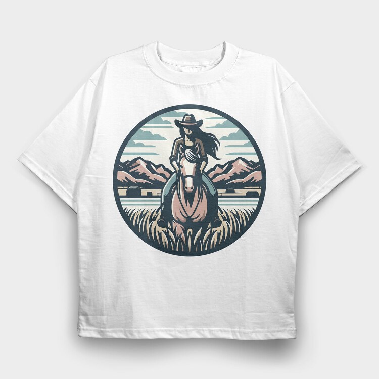 Cowgirl Riding Horse Scenic, Tricou Oversize Barbati (Unisex)