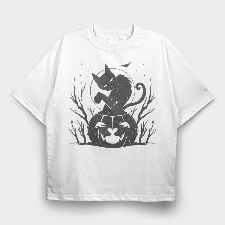 Cat Halloween Monochrome, Tricou Oversize Barbati (Unisex)
