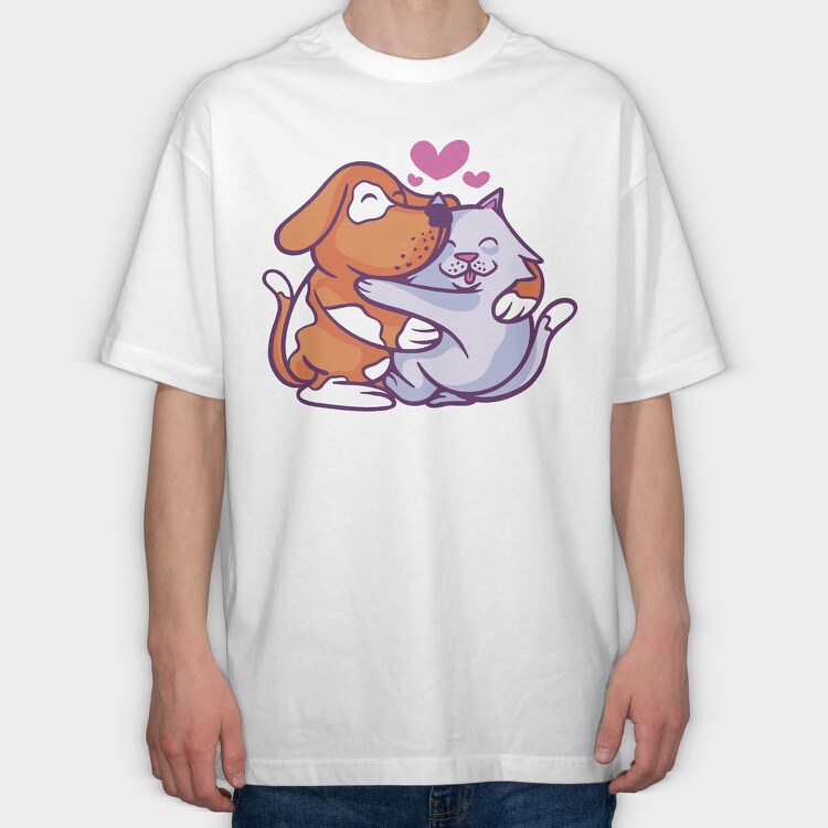 Cat and Dog Hugging, Tricou Oversize Barbati (Unisex)