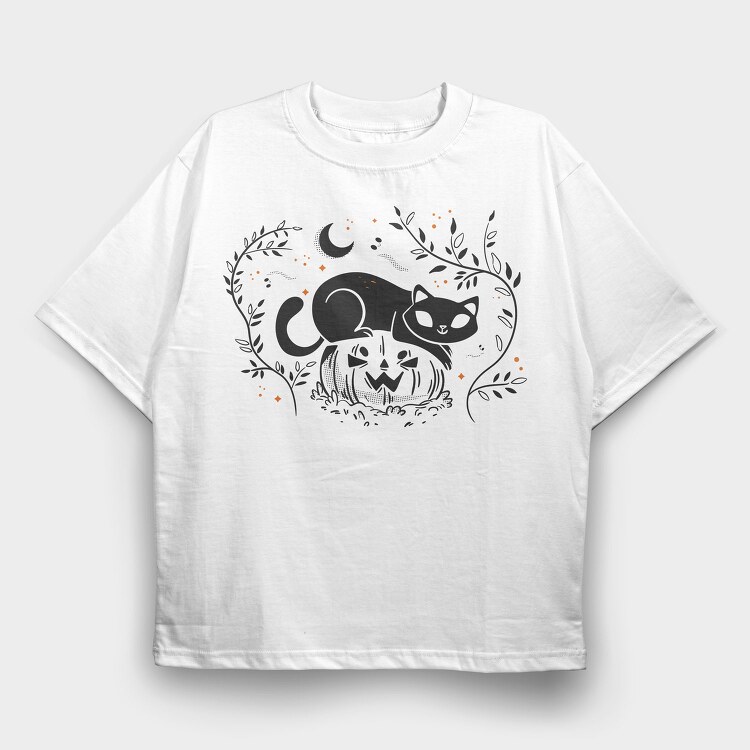 Pumpkin Cat Halloween Illustration 2, Tricou Oversize Barbati (Unisex)