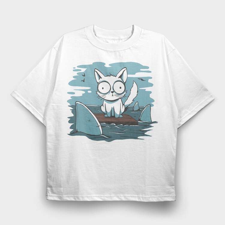 Cat Anxious Sharks Cartoon, Tricou Oversize Barbati (Unisex)