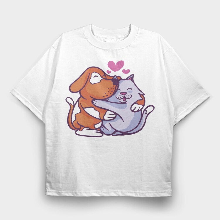 Cat and Dog Hugging, Tricou Oversize Barbati (Unisex)