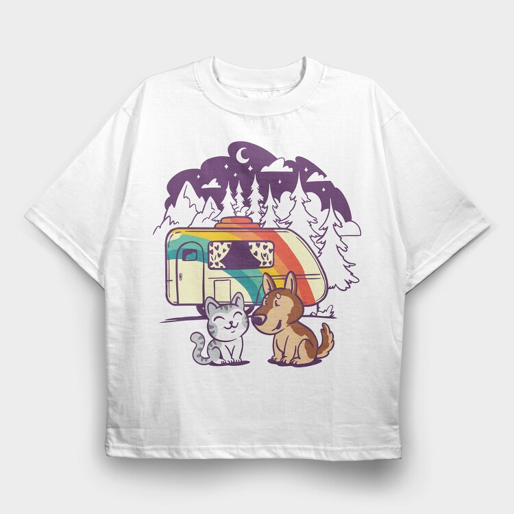 Cat and Dog Caravan, Tricou Oversize Barbati (Unisex)