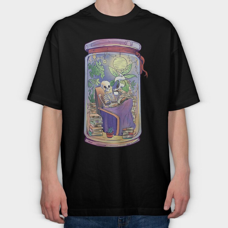 Cozy Skeleton Reading Books Jar Chill, Tricou Oversize Barbati (Unisex)