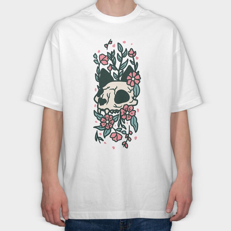 Flowers Cat Skull, Tricou Oversize Barbati (Unisex)