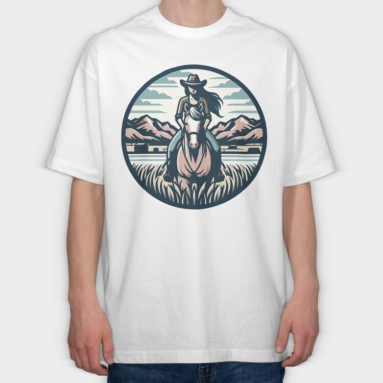 Cowgirl Riding Horse Scenic, Tricou Oversize Barbati (Unisex)