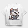 Clever Cat Reading, Tricou Oversize Barbati (Unisex)