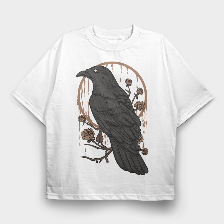 Raven Perch on the Flower Branch, Tricou Oversize Barbati (Unisex)
