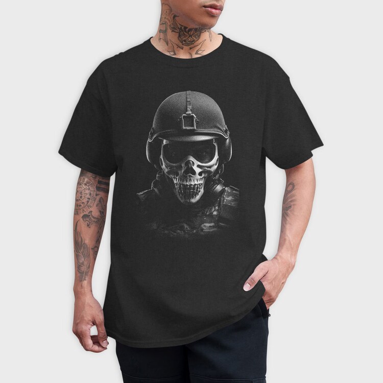 Militar Skull Monochrome, Tricou Barbati (Unisex)