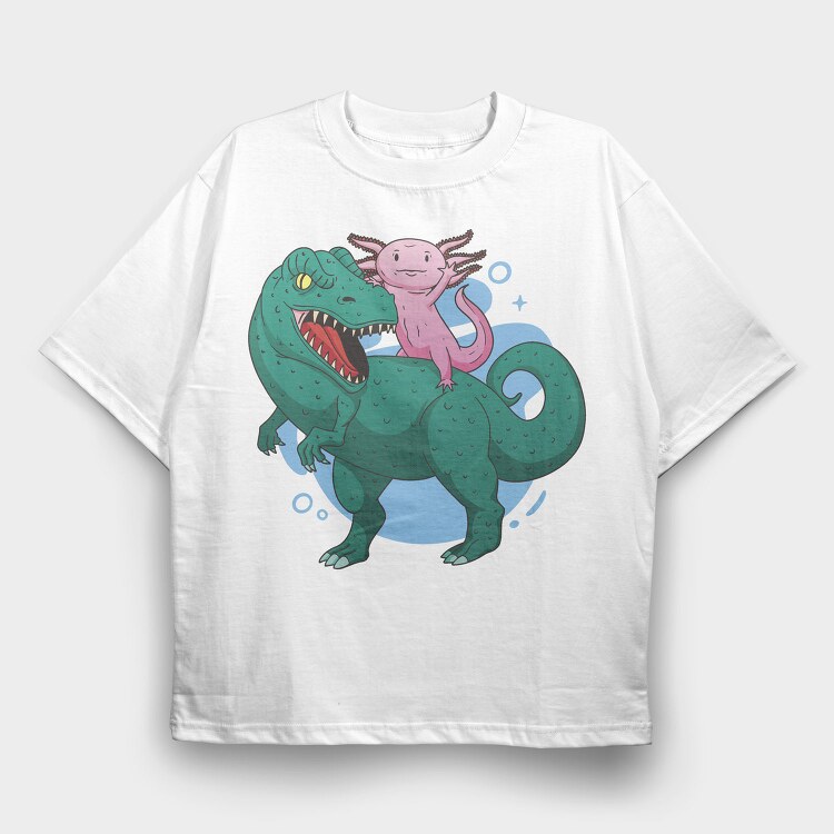 Axolotl Riding Dinosaur Trex, Tricou Oversize Barbati (Unisex)