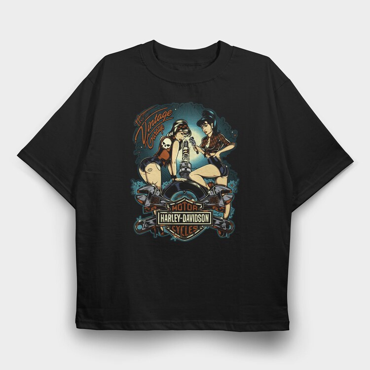 Vintage Garage Biker Girls Harley Davidson, Tricou Oversize Barbati (Unisex)