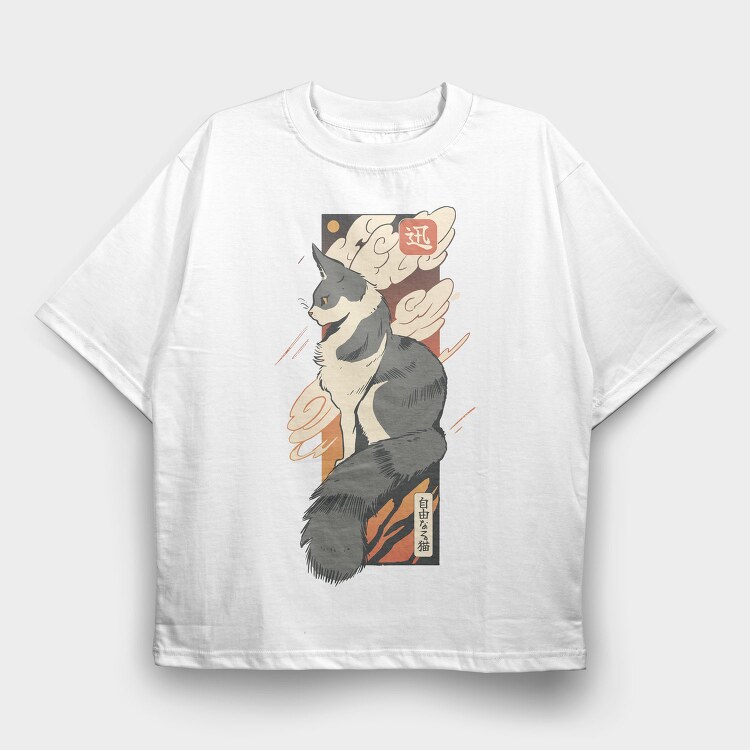 Cat Sunset Japanese Traditional, Tricou Oversize Barbati (Unisex)