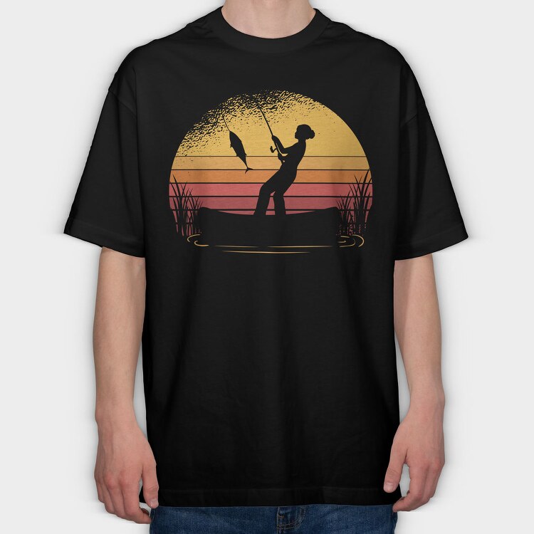 Woman Fishing Sunset, Tricou Oversize Barbati (Unisex)