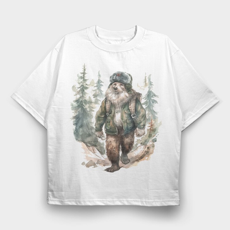 Bear Walking In The Woods Watercolor Forest, Tricou Oversize Barbati (Unisex)