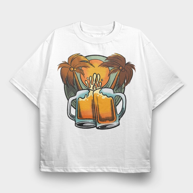 Beer Mugs In Tropical Beach, Tricou Oversize Barbati (Unisex)