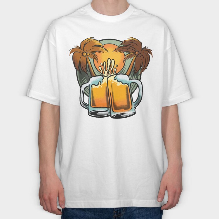 Beer Mugs In Tropical Beach, Tricou Oversize Barbati (Unisex)