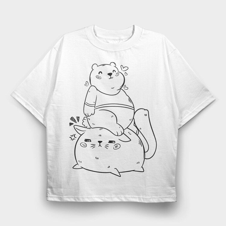 Cute Bear And Cat, Tricou Oversize Barbati (Unisex)