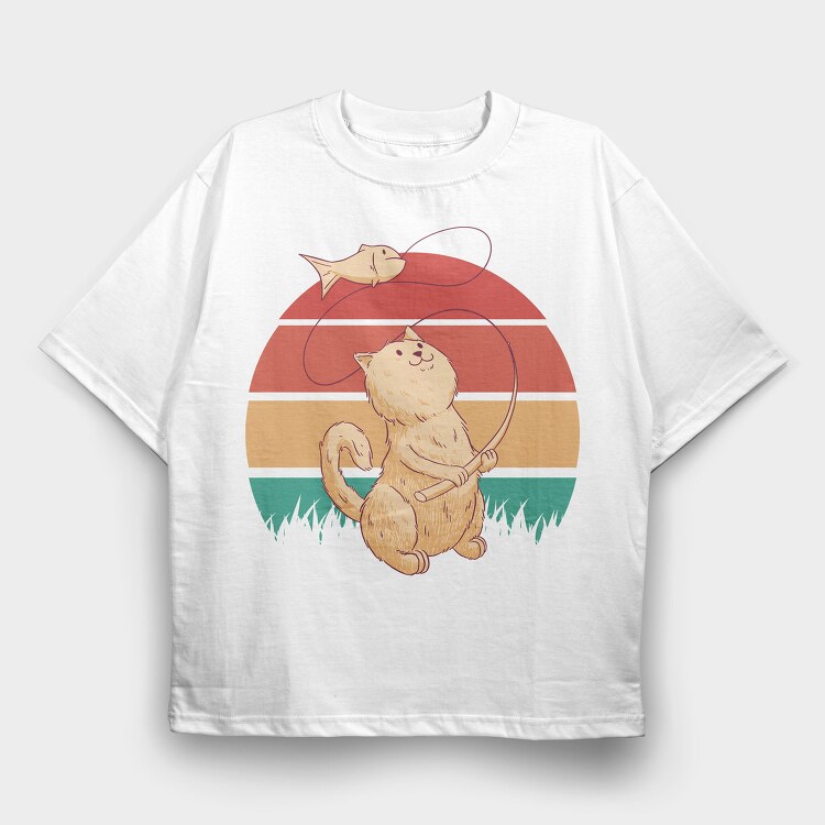 Cute Cat Fishing Retro Sunset, Tricou Oversize Barbati (Unisex)