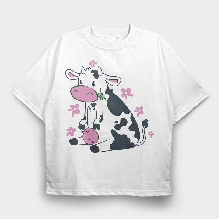 Cute Cow Eating Grass, Tricou Oversize Barbati (Unisex)