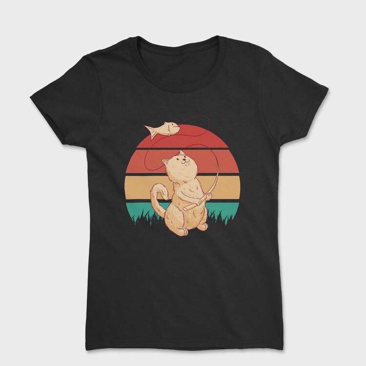 Cute Cat Fishing Retro Sunset, Tricou Femei