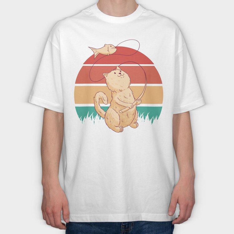 Cute Cat Fishing Retro Sunset, Tricou Oversize Barbati (Unisex)