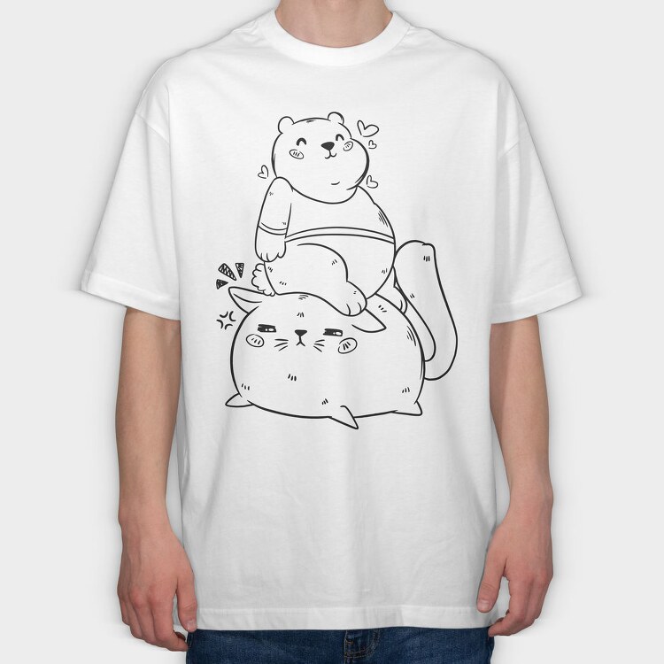 Cute Bear And Cat, Tricou Oversize Barbati (Unisex)