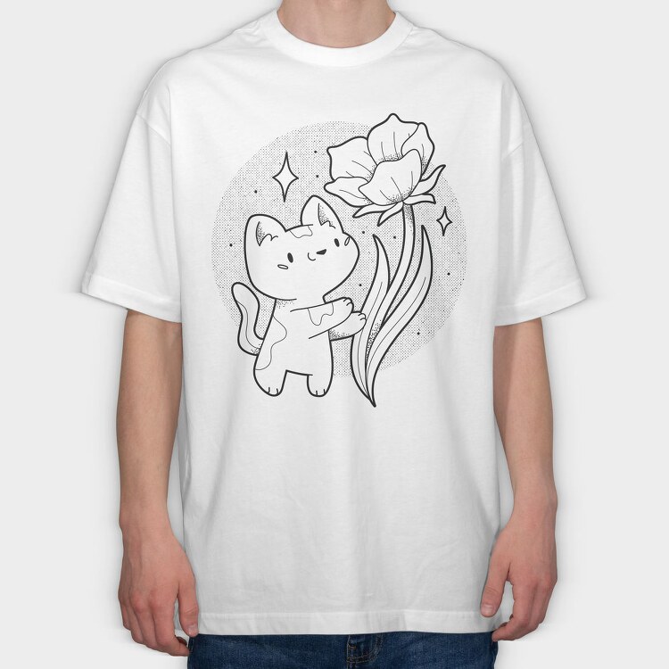 Cute Cat With Flower, Tricou Oversize Barbati (Unisex)