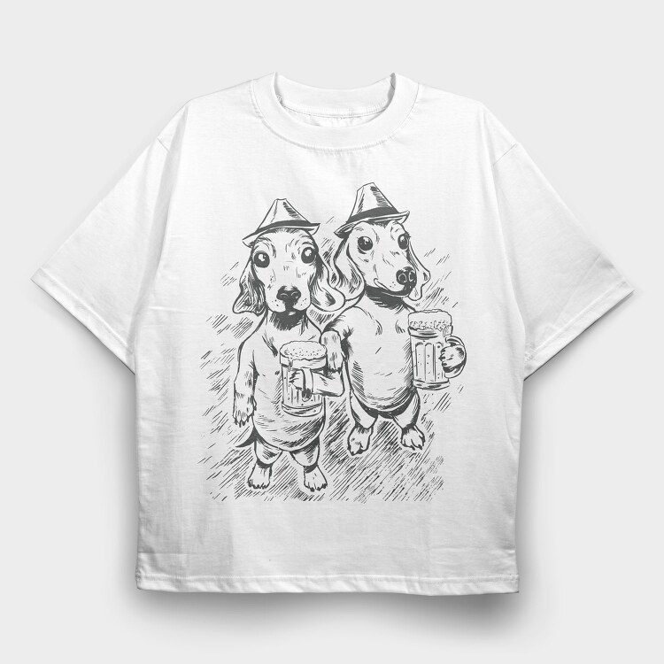 Dachshund Dogs And Beer Daschund Sketch Gc, Tricou Oversize Barbati (Unisex)