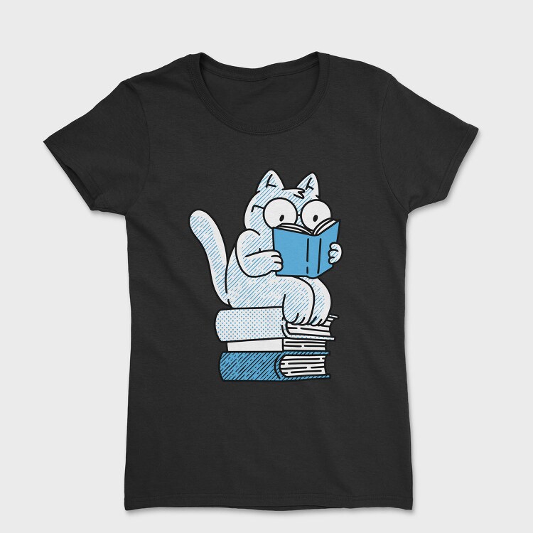 Cat Sitting On Books And Reading, Tricou Femei