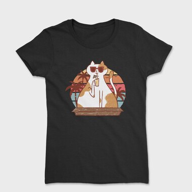 Cat With Summer Drink Retro Sunset, Tricou Femei