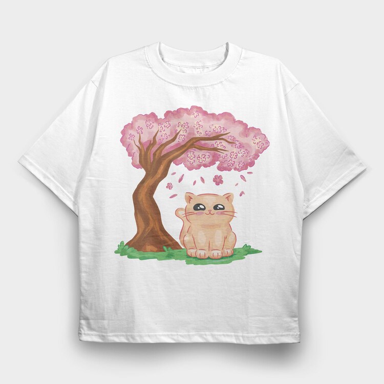 Cherry Blossom Cat Kawaii Sakura And, Tricou Oversize Barbati (Unisex)